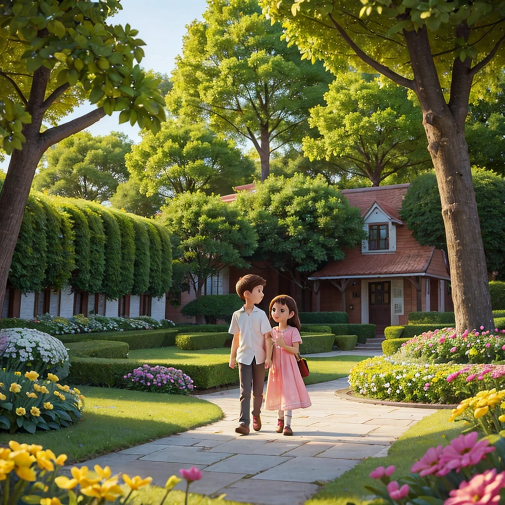 Girl and boy in the flower park