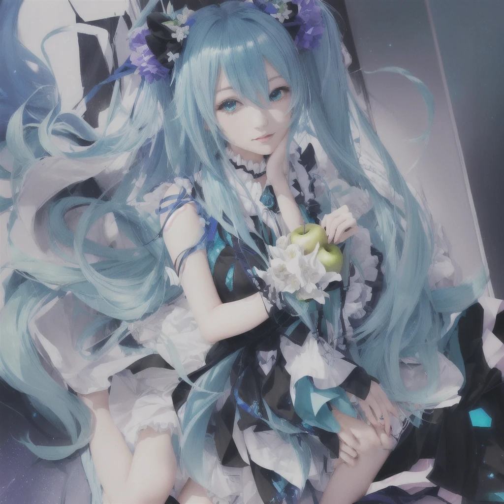 Anime girl with blue hair and a black dress holding a green apple, digital art on Pixiv, Nightcore, Hatsune Miku portrait, Zerochan Art, Portrait of Hatsune Miku, Pixiv contest winner, Anime Moe Art Style, Pixiv, Anime Art Wallpapers 8K, top rated on Pixiv, anime art wallpaper 4k, anime art wallpaper 4k