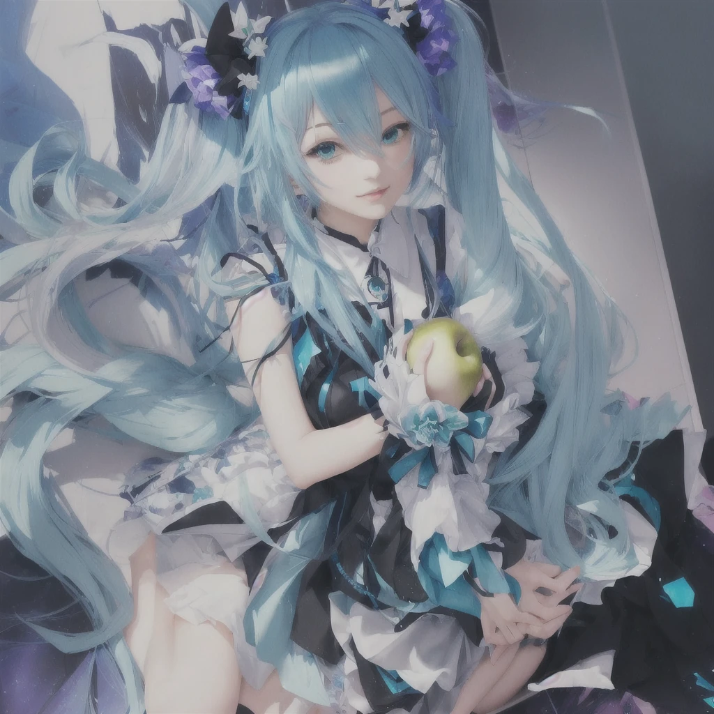 Anime girl with blue hair and a black dress holding a green apple, digital art on Pixiv, Nightcore, Hatsune Miku portrait, Zerochan Art, Portrait of Hatsune Miku, Pixiv contest winner, Anime Moe Art Style, Pixiv, Anime Art Wallpapers 8K, top rated on Pixiv, anime art wallpaper 4k, anime art wallpaper 4k
