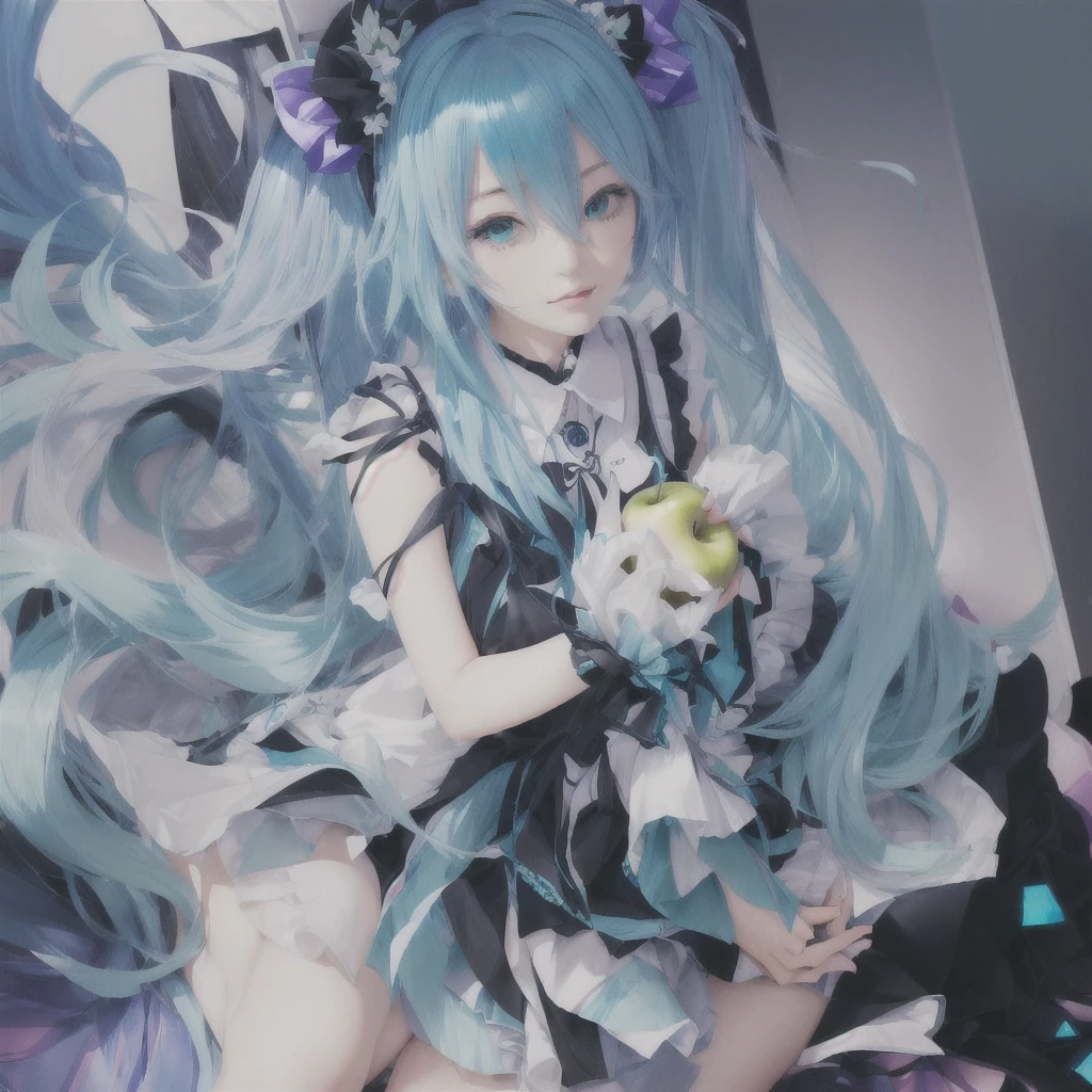 Anime girl with blue hair and a black dress holding a green apple, digital art on Pixiv, Nightcore, Hatsune Miku portrait, Zerochan Art, Portrait of Hatsune Miku, Pixiv contest winner, Anime Moe Art Style, Pixiv, Anime Art Wallpapers 8K, top rated on Pixiv, anime art wallpaper 4k, anime art wallpaper 4k