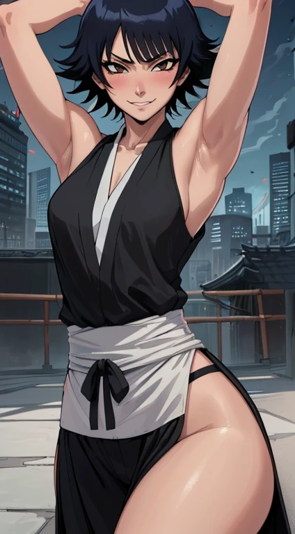 (melhor qualidade:1.3), (quality 4K), soifon, ((detailed face)),((smile)),((curvy body)),((shinigami oufit from bleach)) ,(small breast), sexy, ((cut hair)), ((sleeveless)), ((city)), arms up, armpits visible, detailed armpits