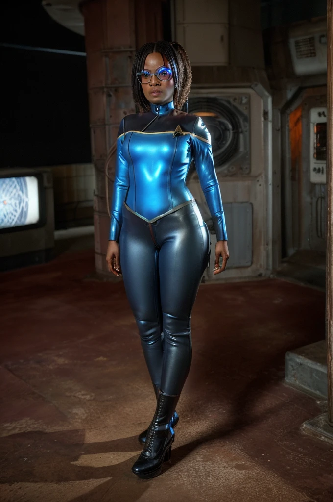 Full body, Black woman wearing blue sttldunf uniform,veins,borg,eyepatch,cable,luma,rosalina,detailed face,detailed eyes,detailed lips,metal texture,sci-fi,glowing lights
jamesdaly artstyle,