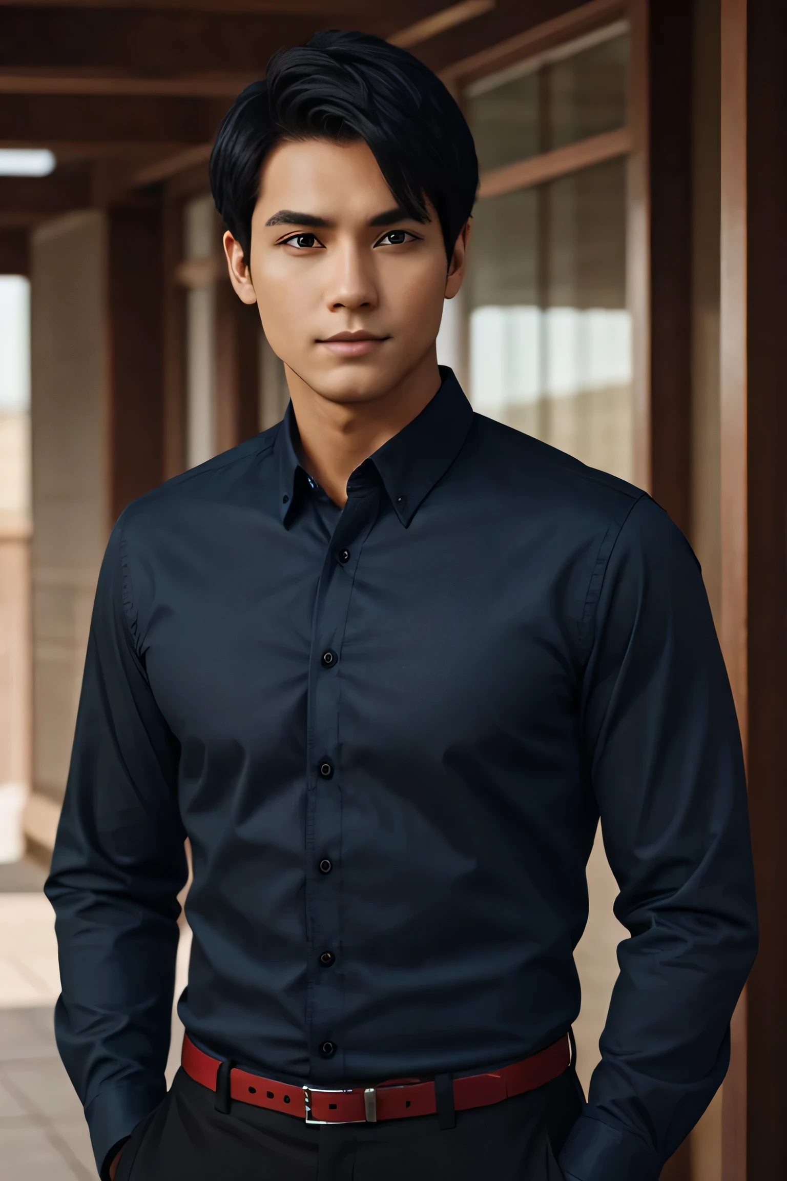 man, short black hair, red long-sleeved shirt, blue pants, looking at the camera, photorealistic