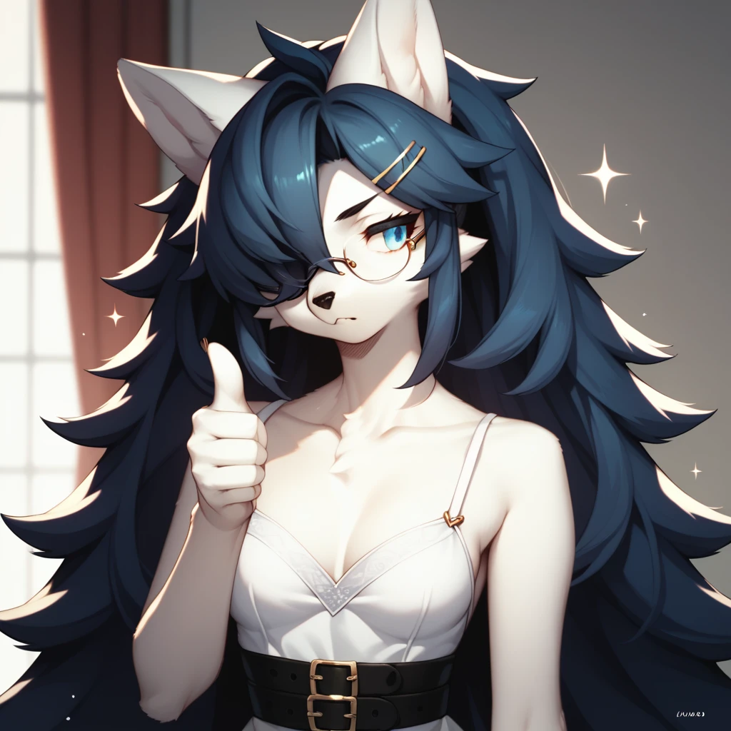 score_9,score_8_up,score_7_up, sierra, kemono style, a young nerdy Anthro furry wolf woman, white furry body,  long elegant and straight hair, elegant glasses, hair clip, wearing elegant blue sundress, black belt, fidgeting her fingers together, sparkles around her, she is shy, looking away, pouting, pov, pov viewer is giving her a thumbs up