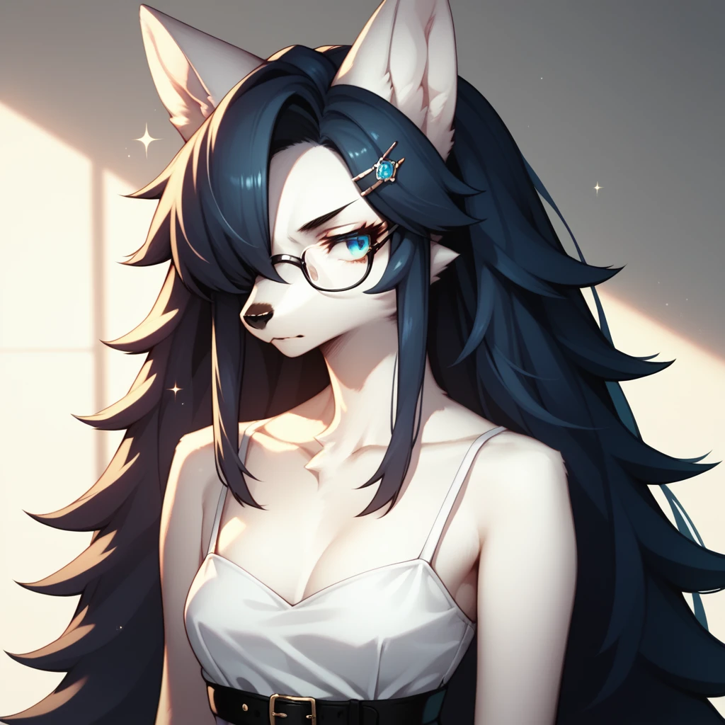 score_9,score_8_up,score_7_up, sierra, kemono style, a young nerdy Anthro furry wolf woman, white furry body,  long elegant and straight hair, elegant glasses, hair clip, wearing elegant blue sundress, black belt, fidgeting her fingers together, sparkles around her, she is shy, looking away, pouting, pov, pov viewer is giving her a thumbs up