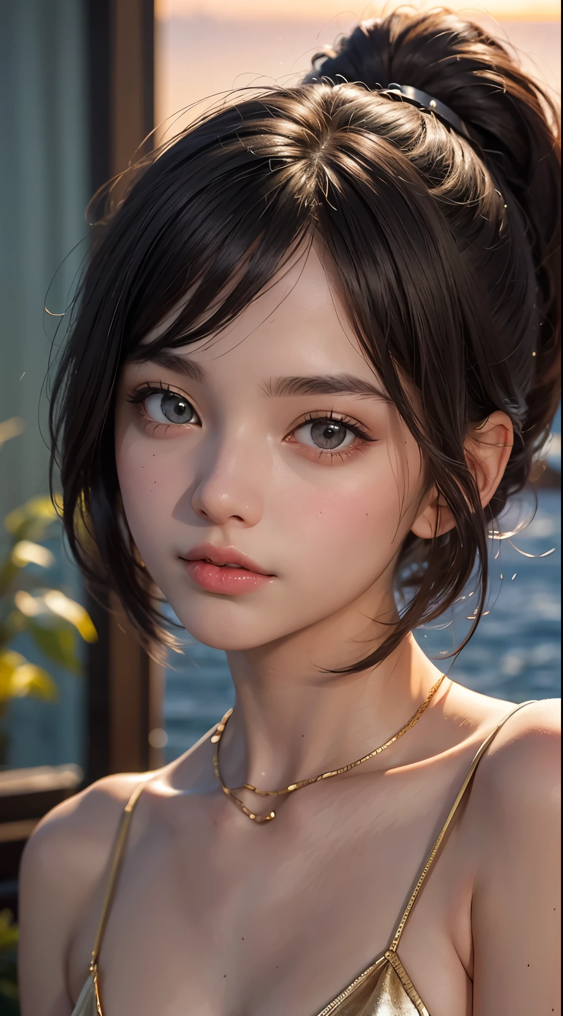 One Girl,(1人のとてもcute女の子:1.3),masterpiece,Highest quality,High resolution,From below,Low - Angle,Photorealistic,RAW Photos,Ray Tracing,Physically Based Rendering,beautiful girl,(:1.3),cute,Big eyes,(detailed pupils:1.2),(The face is facing straight ahead:1.3),Body facing forward,Beautiful nose,High nose,Upturned nose,Fuller lips,Short black hair,ponytail,short hair,Detailed eyelashes,Thin eyebrows,Very fine grain definition,(Symmetrical eyes,Golden Ratio:1.3),(Face close-up,Face Focus:1.0),Small breasts,Short neck,White swimsuit,White Bikini,The background is the sea,Southern Island,sunset,Sunset,Portrait,View Viewer,Upper Body,Cinema Lighting,High resolution,Very detailed