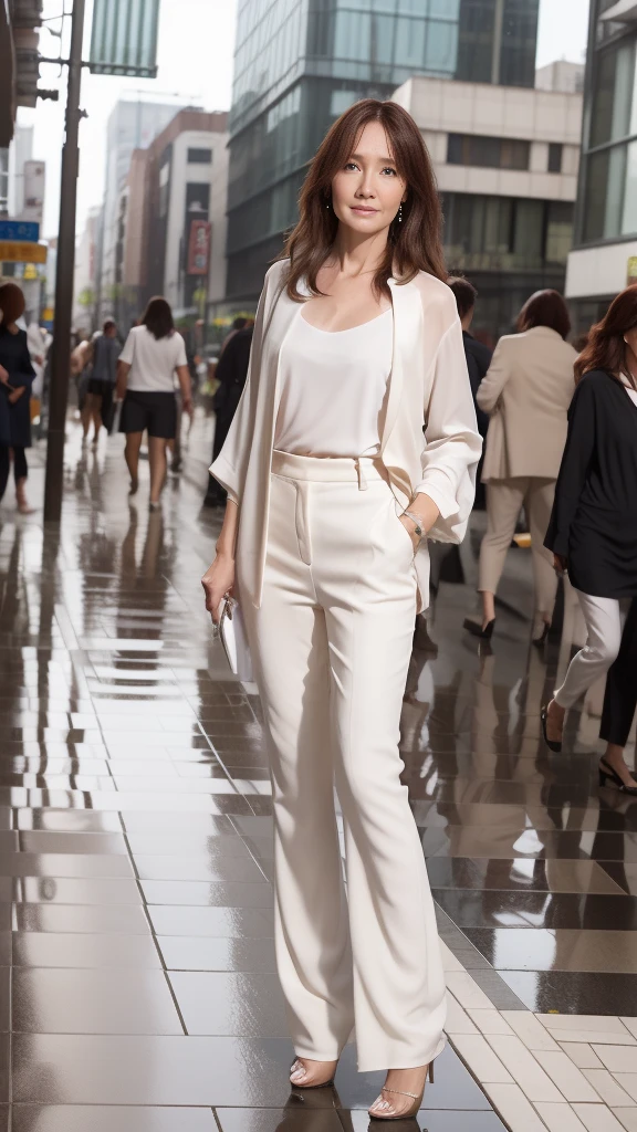 ((Highest quality)), ((8K)), ((masterpiece: 1.3)), (Perfect appearance), (Photorealism: 1.6), (JMA), (KE), (Rainy city street corner), (雨に濡れて歩く1人のJapanese Mature), BREAK(傘無しで歩くJapanese Mature),BREAK (Sidewalk in an office district), (Detailed Background), (Heavy rain), (Soaking wet), (Full body portrait), (60 years old, Japanese Mature), ((Realistic skin texture)), (Fine wrinkles all over the skin), (Dullness), (Facial wrinkles), (Wrinkles around the eyes), double eyelid, Tear bags under the eyelids, Melancholic expression, Raindrops running down my face, Short bangs, Straight Long Hair, Rain-soaked hair, (Raindrops on hair), (Sexy blouse), (Pale beige flared pants), (Shirts that get wet and adhere to the skin), (A wet shirt is transparent), (Wet flare pants are visible through the fabric), High heels,