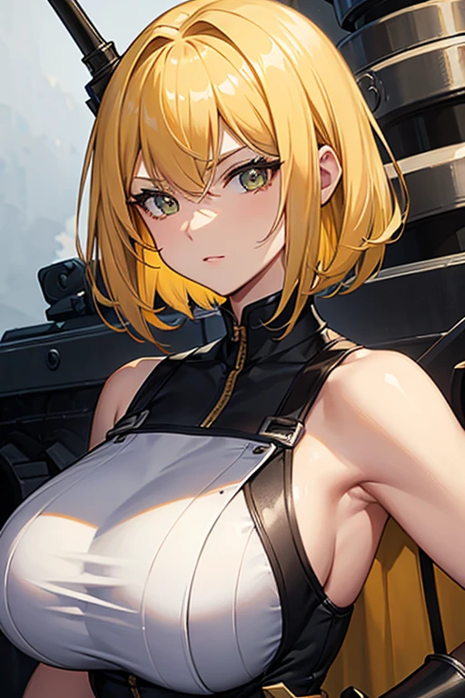 Masterpiece, Best quality, Tank uniform，tanks， Huge breasts，Short hair，Yellow hair，Blackening，evil，