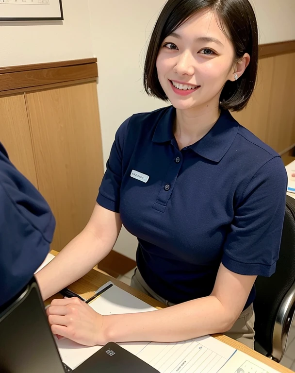 30 year old short haired woman working at the post office、A cheerful Japanese woman in a navy blue polo shirt
