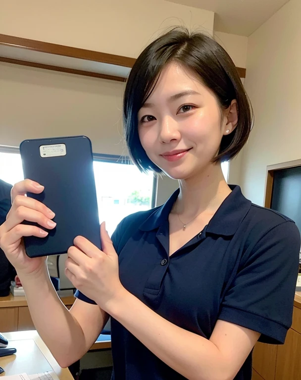 30 year old short haired woman working at the post office、A cheerful Japanese woman in a navy blue polo shirt