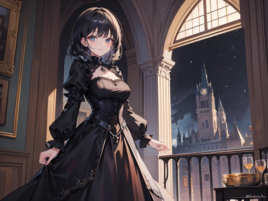 (Masterpiece), In the building, castle, nighttime, Gothic, 1 girl, black hair, medium hair, black dress, smile, Dutch corner