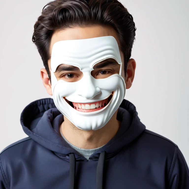 serious man, putting on smile mask,