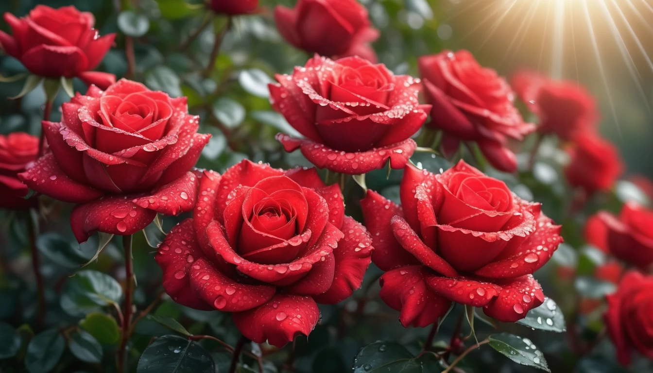 Many red color rose flowers in the garden and sunlight with bokeh, dew drops on flower petals,automatic optional scene, defocused background creating a bokeh effect, nature's palette in full display, natural light, ultra fine details, digital painting (masterpiece, ultra quality, high resolution, 8k, intricate: 1.2), (masterpiece), (best quality:1)