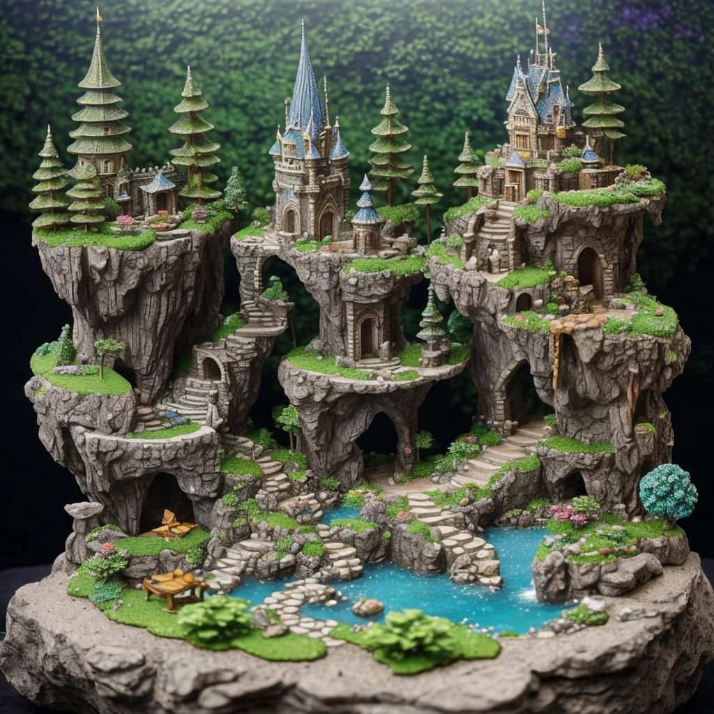 a small statue of a castle on a rock, cave with waterfall, beautiful detailed miniature, undersea temple with fish, сastle on the rock, fairyland bridge, detailed scenery, detailed trees and cliffs, beautiful detailed scene, enchanted forest tower, mythical floral hills, grotto, submerged temple scene, added detail, beautiful hyperdetailed, fantasy highly detailed