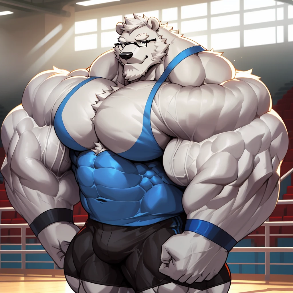 solo, 1boy, Huge Muscular White Polar Bear wearing glasses, huge white fur, pectoral, huge pectoral, wide pectoral, short white hair, blue colored short pants, blue colored wristbands and blue colored tank top, white bearded, white Mustache, white fur, ((really big muscle, massive muscular, sixpack, thick arms, wide pectoral, super huge muscle, hyper muscular, over sized muscle, huge arms, big arms, huge pectoral)), gymnasium background, masterpiece, high detailed, 8k, high resolution, at the gymnasium, flexes huge muscles, looking at the viewer, acting all sexy