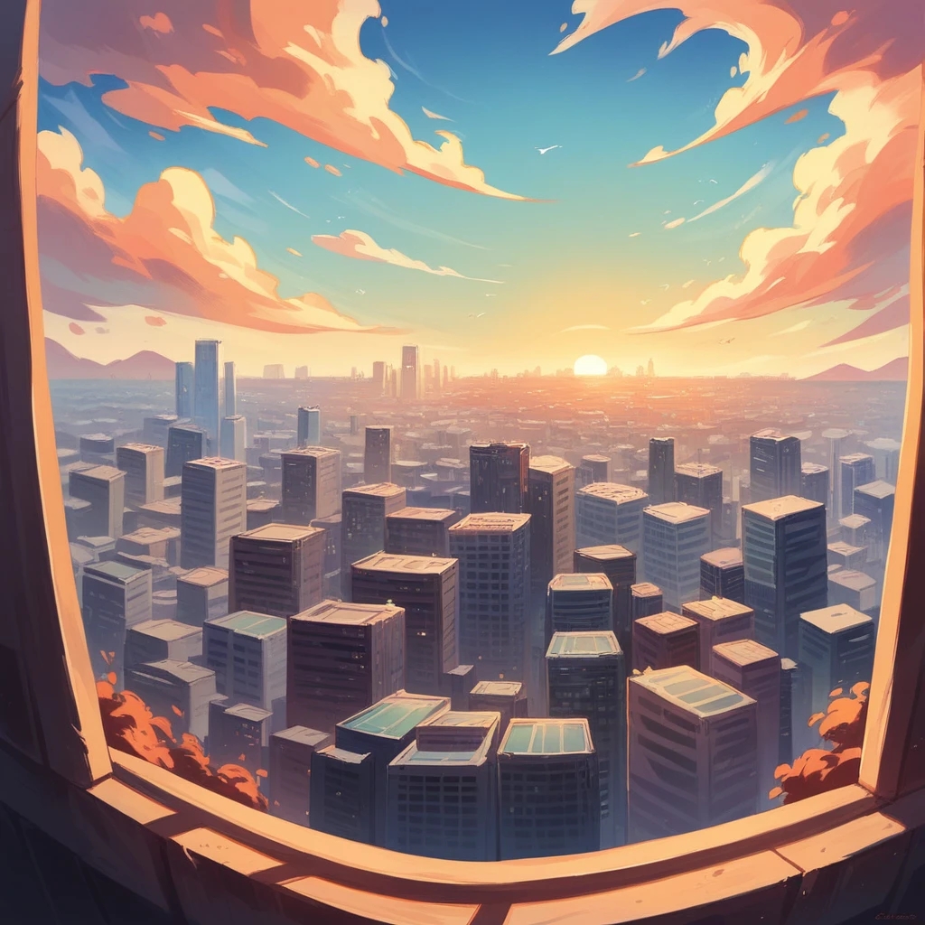 sunset in the city, skyscrapers, beautiful sky, no human in there