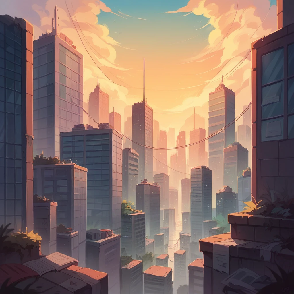 sunset in the city, skyscrapers, beautiful sky, no human in there