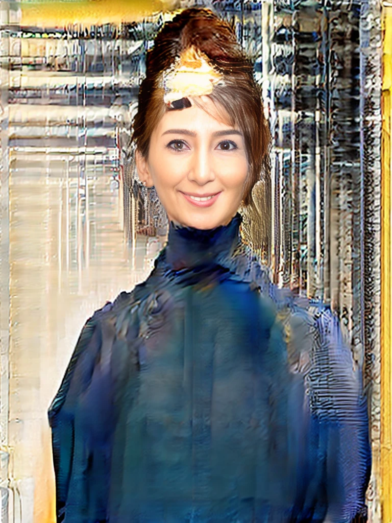 ((highest quality、8K、masterpiece:1.3)), Upper body, long legs, sharp focus:1.2, beautiful woman with perfect figure:1.4, Slender Abs:1.1, The background is an office, ((shortcut、big breasts:1.2)), (She is wearing a dark blue leather sleeveless turtleneck bodycon dress., Bursting with seductive big breasts, big soft butt, slim and toned waist, smiling while looking at the audience:1.2), Highly detailed face and skin texture, detailed eyes, double eyelid, 25 year old woman, mature woman
