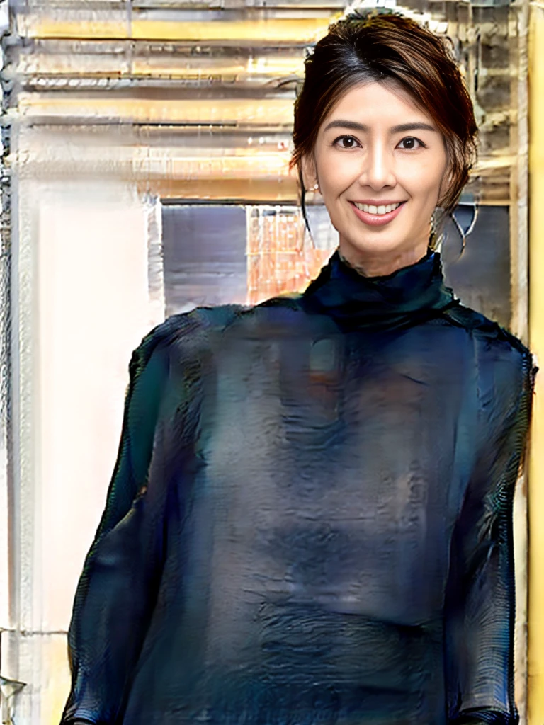 ((highest quality、8K、masterpiece:1.3)), Upper body, long legs, sharp focus:1.2, beautiful woman with perfect figure:1.4, Slender Abs:1.1, The background is an office, ((shortcut、big breasts:1.2)), (She is wearing a dark blue leather sleeveless turtleneck bodycon dress., Bursting with seductive big breasts, big soft butt, slim and toned waist, smiling while looking at the audience:1.2), Highly detailed face and skin texture, detailed eyes, double eyelid, 25 year old woman, mature woman