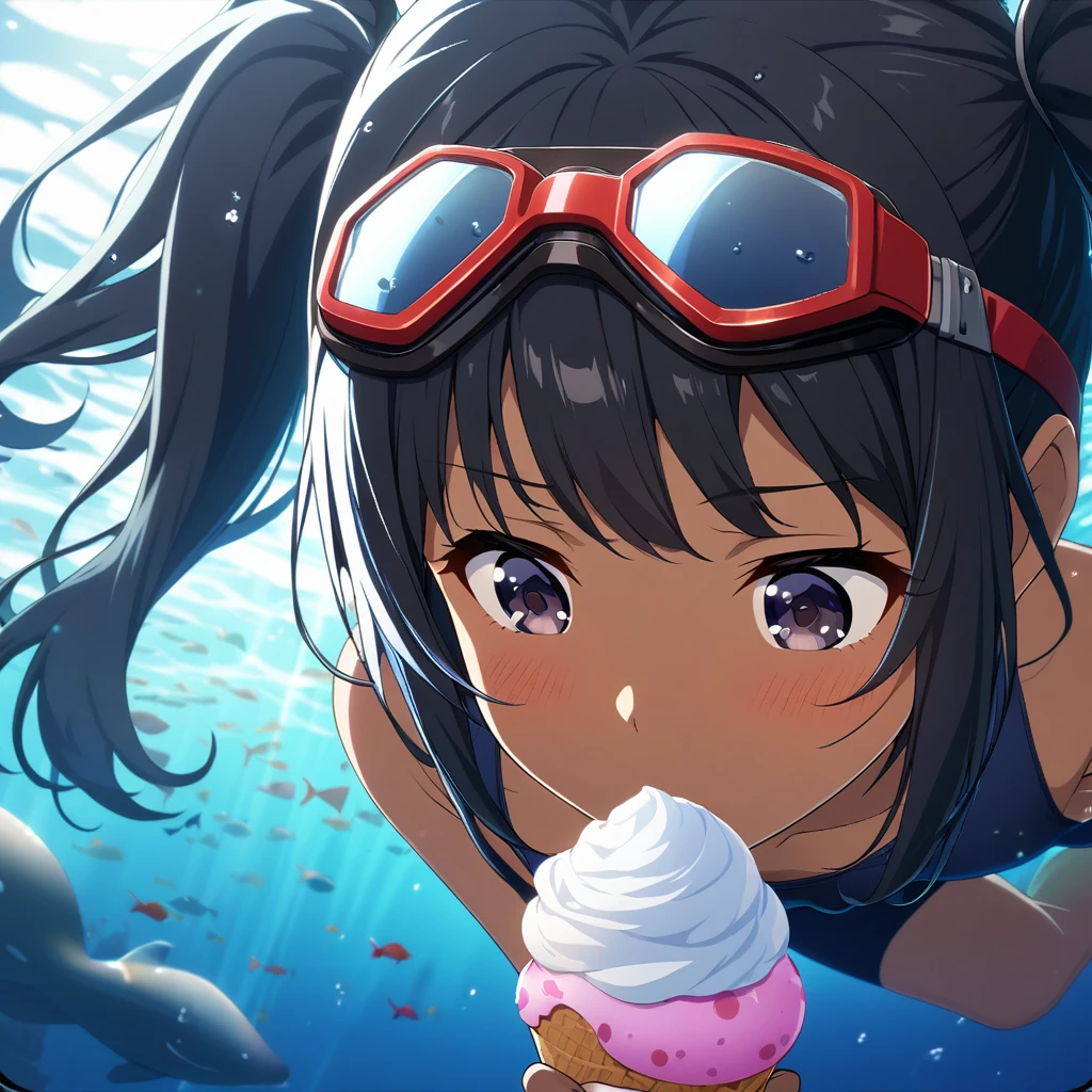 1girl、Eat ice cream、Black Hair、Pigtails、Navy blue school swimsuit、Brown Skin、Red polka dot swim ring、Black underwater goggles、deep faint light 、 detailed CG、high resolution