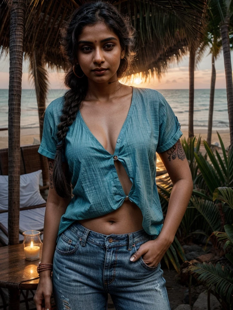 30 year old indian woman, sexy shirt and short jeans, long dense braided hair, tropical sea beach, ultra realistic, realism, cute, charming, dusk time, sunset, tattooed hands, medium height, big eyes, sexy, ambient lighting, perfect anatomy