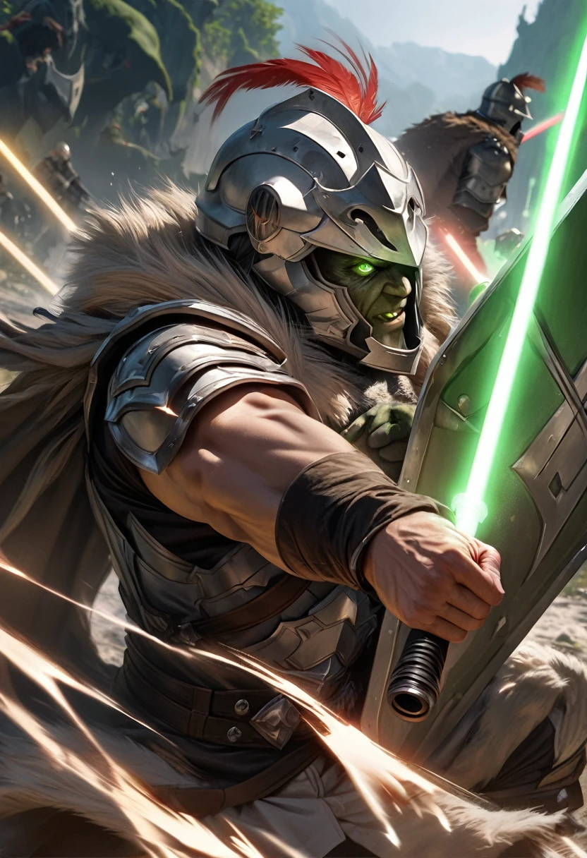 perfect hands, perfect finger,perfect anatomy, masterpiece, best quality,realistic, hyperrealistic, 16k hdr,1 muscular man,,goblin slayer, armor, helmet, green glowing eye, plume, fur collar, (Lightsabers,shield:1.3),fantasy world,outdoor,fighting pose,dynamic pose,upper body,dynamic angle