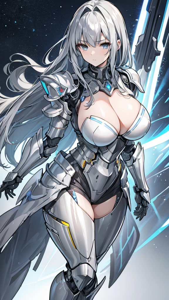 1 woman wearing armor, big bulky futuristic armor,slim leg pieces),(best quality),(Super detailed),fantasy, Large Breasts,
Practical, dim mechanical battlefield , In battle,Electric light flowing around,flash in hand,In Action,silver long hair,Gray eyes,cleavage,