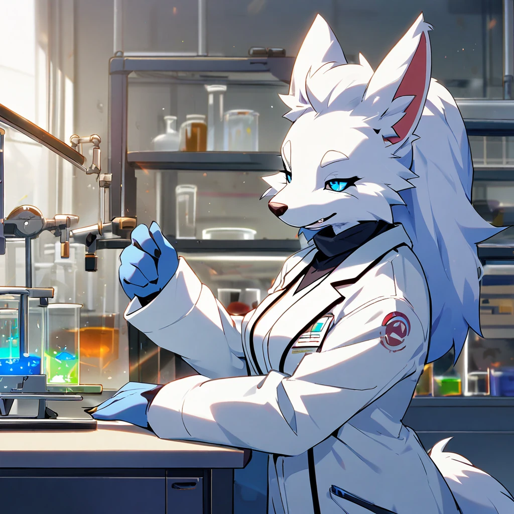 1girl,solo,furry, furry_female,Mature ,researcher,laboratory,wearing a white coat,