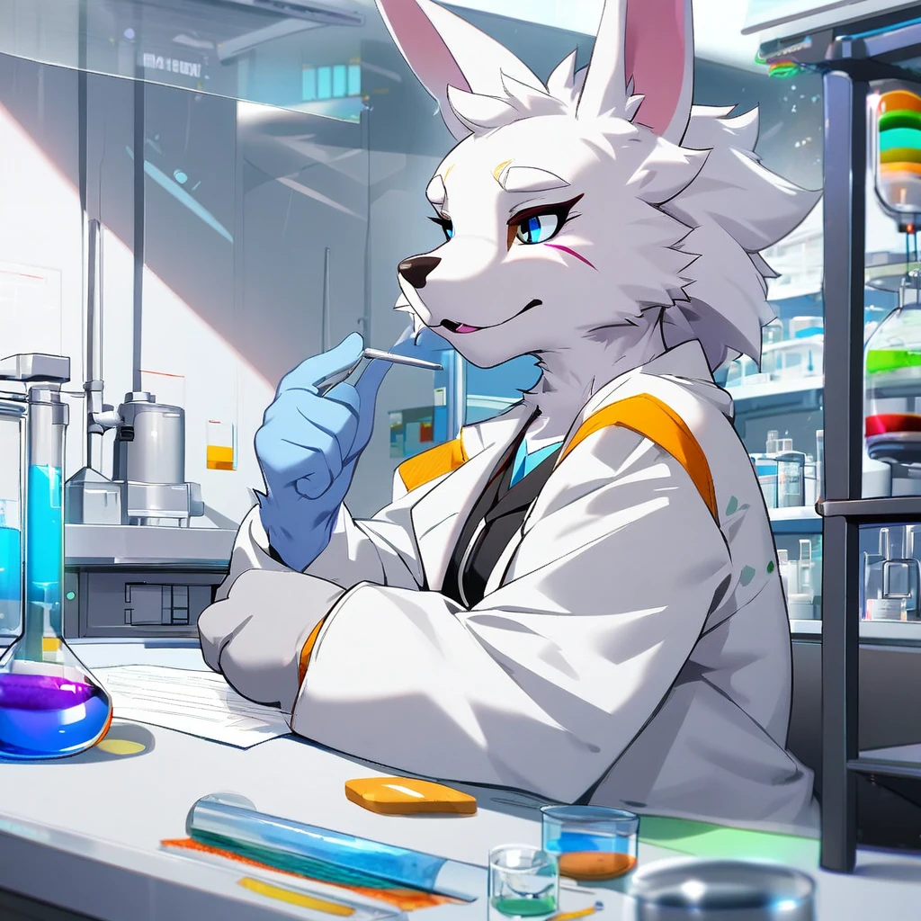 1girl,solo,furry, furry_female,Mature ,researcher,laboratory,wearing a white coat,