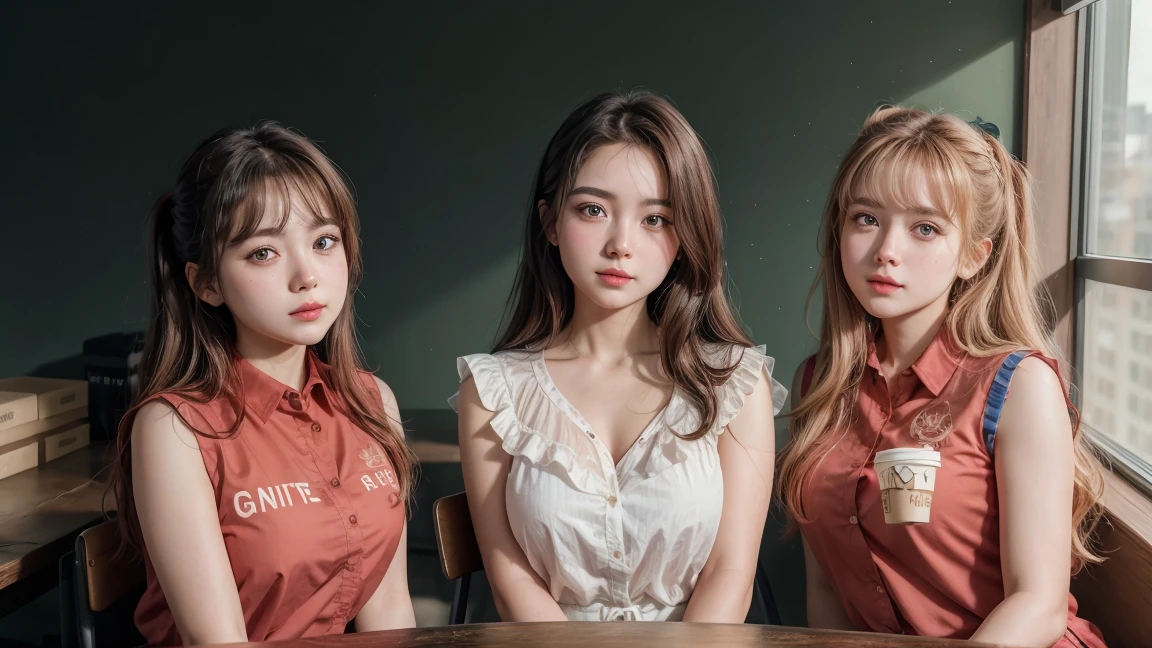 (3 girls)Highly detailed CG Unity 8k wallpaper., with the highest quality, Awesome details, masterpiece, realistic, ภาพถ่ายrealistic, Cute girl with a lot of details, 25 years old, (red sleeveless shirt) , Blush , weather, Medium bust, looking for viewers, Cowboy Shot , rift , short skirt, office , table , (coffee)