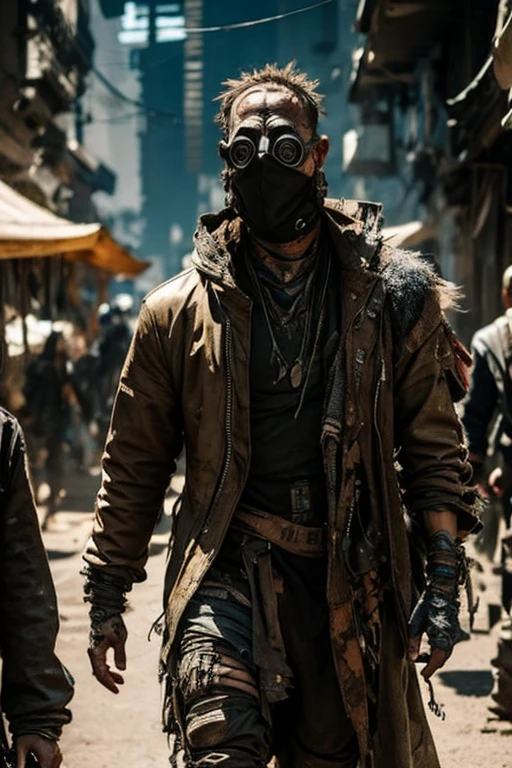 cyberpunk, Scavenger, man, dressed in rags, mask