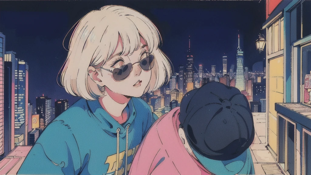 (80's, Retro, City Pop:1.5), (Album cover), (masterpiece, Highest quality, Exquisite detail), Best Photo Poses, Dynamic Angle,girl, alone, cool, Delicate face, Wearing sunglasses, Blonde Hair, Cityscape, City of night, Casual street wear, Street side, Wearing a cap, Trendy clothing, clock, sneakers, Hands hanging down,