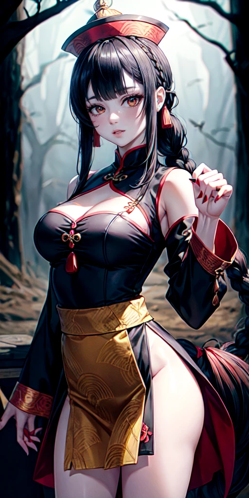 lora:flat:-1.2, masterpiece, best quality, 4k, 8k, 1 woman, solo, pale skin, tall stature, long hair, blunt bangs, side braid, black hair, ugly face, bad face, bad eyes, droopy eyes, unclear eyes, ruby red eyes, lemon yellow eyes, pale skin, black eyeliner, black eye shadow, heterochromia, slender frame, frightened, ofuda, jiangshi costume:1.2, sheath long skirt, China dress, fang, horror, coffin, forest, dark night, stormy weather, fog, from front, cowboy shot, look at viewer, paw pose,