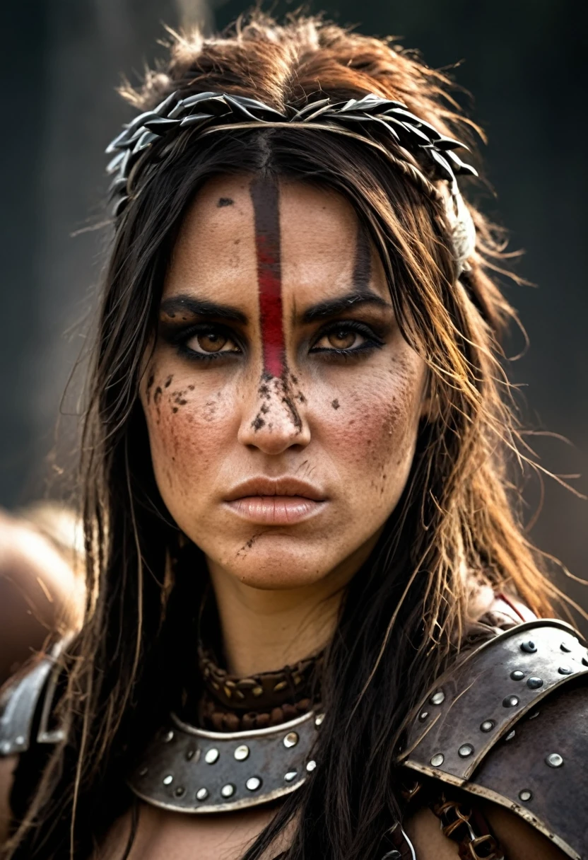 rough scar on face rustic barbarian woman in armor
