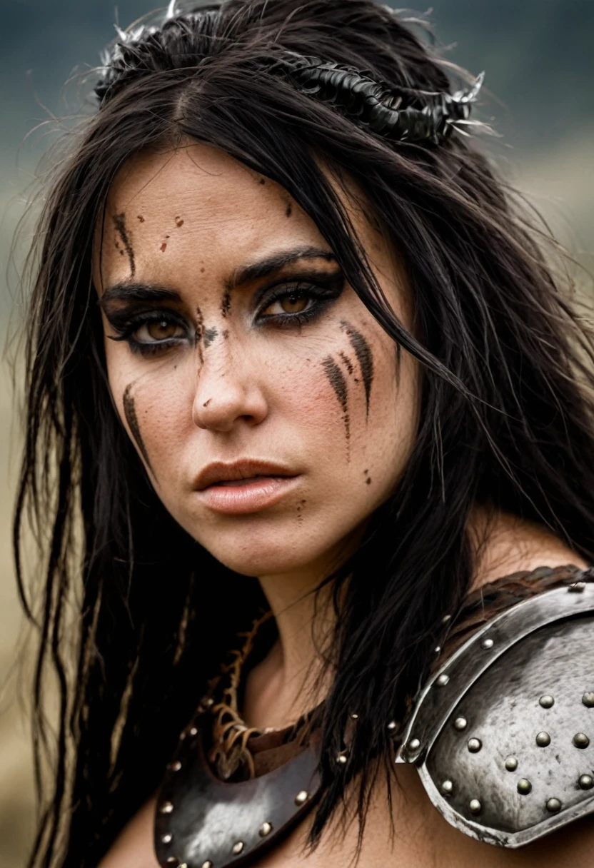 rough scar on face rustic barbarian woman in armor