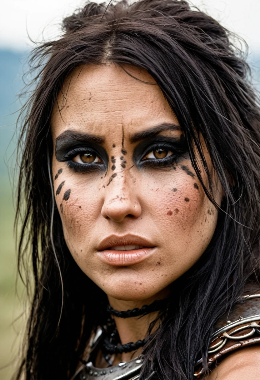 rough scar on face rustic barbarian woman in armor