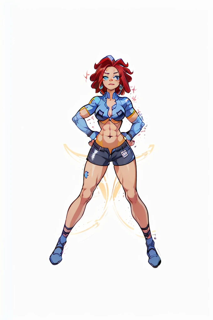 (My Hero Academia Style), (Simple background), ((1girl)), (((High resolution)))), ((solo)), (white backgrounid:1.3), (((A strong and confident girl))), ((((Ragatha)))), (((The Amazing Digital Circus))), (((is wearing boxing gloves black and flexing her biceps))), ((((she wears black sports bra and shorts)))), (((the biceps on her arms are flexed))), ((((Her lips are slightly parted)))), ((((wearing boxing gloves black)))), ((((flexing her biceps)))), (((hands on hips))), ((((perfect anatomy)))), ((((perfect hands)))), ((((perfect face)))), ((((super detailed)))), ((((photo of full body:1.5)))), ((((wide thighs)))), ((((toned thighs)))), ((((wide hips)))), ((((toned hips)))), ((((toned calves)))), ((((Marked muscles)))), ((((toned body)))), ((((Abs)))), ((((marked abdomen)))), ((((exposed abdomen)))), ((((Bare legs)))), ((((ragdoll skin)))), ((((ragdoll seams)))), ((((ragdoll body)))), ((((redhead curls))), (((curls))), (((redhead))), (((blue button right patch))), (((right button patch))), (((blue right patch))), ((((blue button patch))), (((patch))), ((blue button)), (((sexy posture))), (((medium breasts))), (((broad shoulders))), (((Amazon body))),