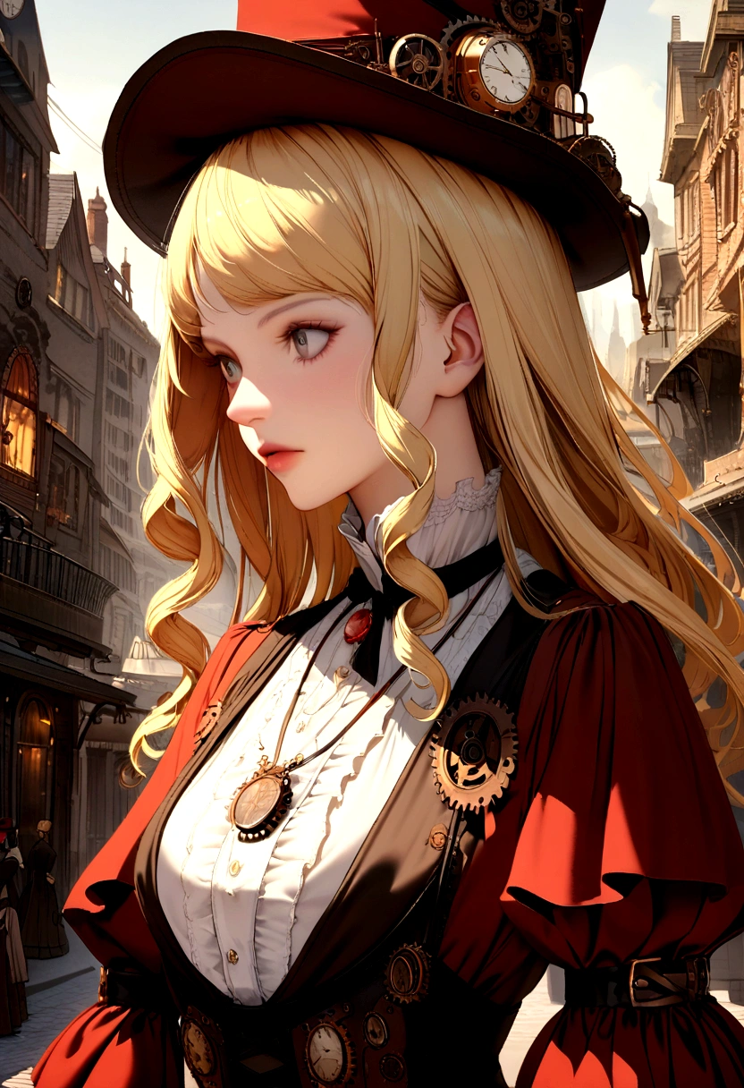close-up, straight hair blonde short curly girl red hat, watch on necklace, (Victorian era), ((steampunk)), cinematography, worked, elegant, meticulous, fabulous, Maximum detail, extremely hyper-aesthetic, confusingly detailed, a lot of gears, old town background