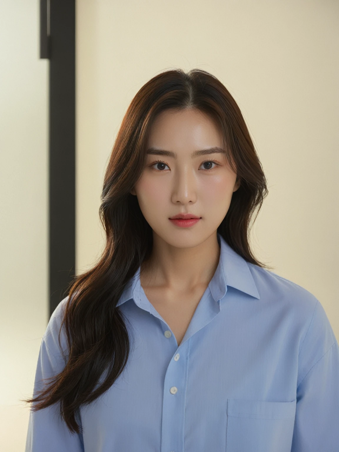 Best Quality, 8k, Masterpiece, (Portrait: 1.3), (photo realistic:1.4), (hyper realistic:1.4), Sharp Focus, looking at viewer, (smoother lighting:1.1), (increase cinematic lighting quality:0.9), realistic lighting, backlighting, light on face, ray trace, (brightening light:1.2), (Increase quality:1.4), sharp detail, (best quality real texture skin:1.4), finely detailed eyes, black_eyes, finely detailed face, 25 year old Korean woman