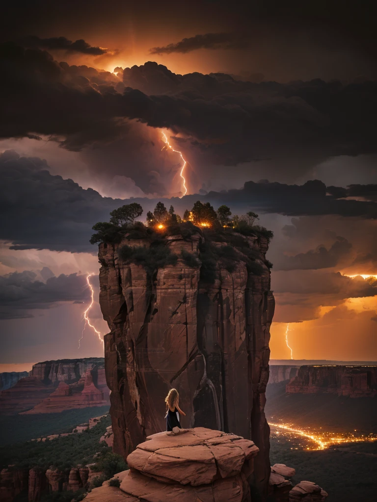 araffe sitting on a cliff overlooking a beautiful valley at sunset, sedona's cathedral rock bluff, girl standing on cliff, sitting on a martian rock, inspired by Michael Komarck, girl dancing on cliff, standing on the edge of a cliff, the planet is warm with canyons, standing on a cliff, sitting on the edge, breathtaking shot, setting in nature, amazing lightning art, natural lightning, creepy lightning, amazing lightning, dramatic lightening, lightning creating life, crackling with lightning, epic lightning, colossal lightning, scary lightning, beautiful lightning, lightning strikes, exquisite lightning, insane lightning, national geographic photo”, thunderstorm and fire, lightning strike,
