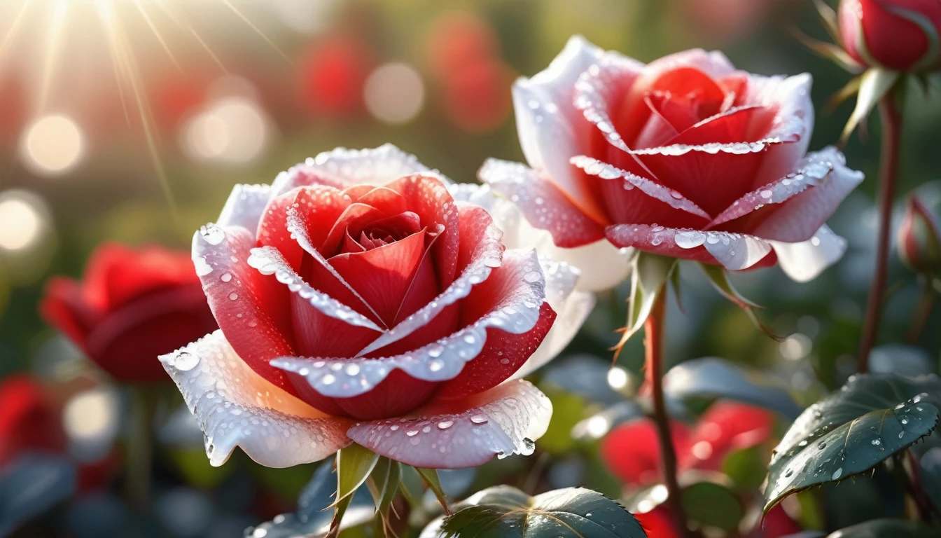 Many red and white color rose flowers in the garden and sunlight with bokeh, dew drops on flower petals,automatic optional scene, defocused background creating a bokeh effect, nature's palette in full display, natural light, ultra fine details, digital painting (masterpiece, ultra quality, high resolution, 8k, intricate: 1.2), (masterpiece), (best quality:1)