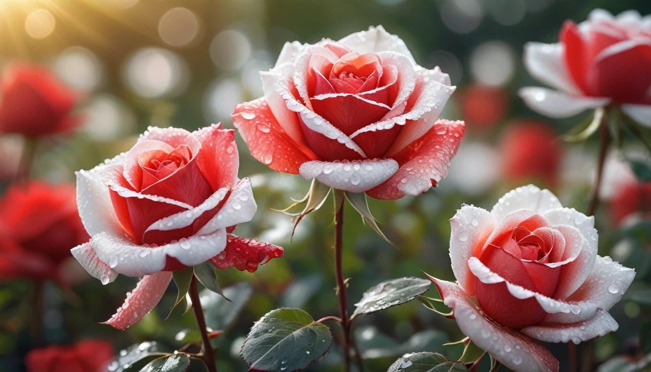 Many red and white color rose flowers in the garden and sunlight with bokeh, dew drops on flower petals,automatic optional scene, defocused background creating a bokeh effect, nature's palette in full display, natural light, ultra fine details, digital painting (masterpiece, ultra quality, high resolution, 8k, intricate: 1.2), (masterpiece), (best quality:1)