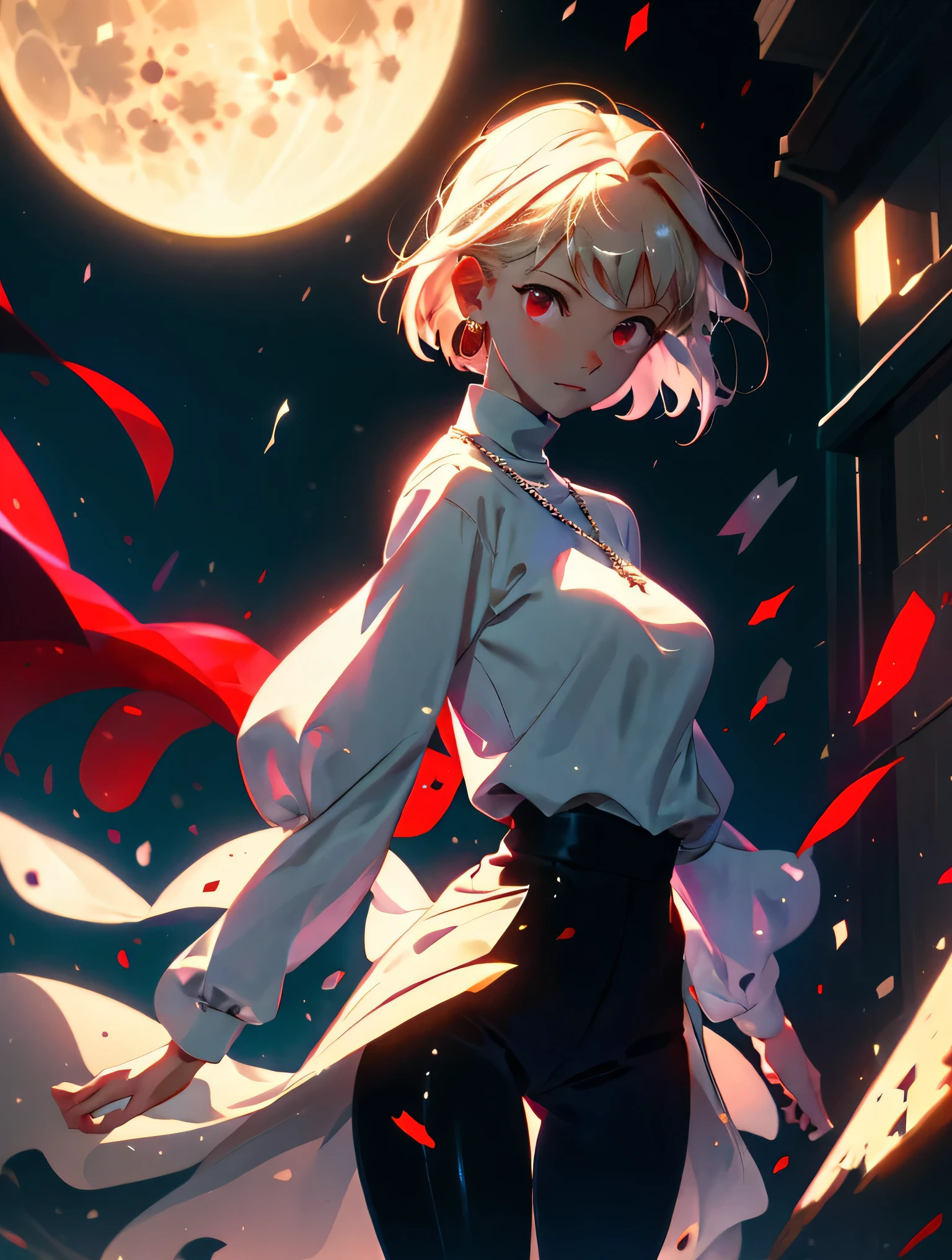 absurdres, uhd, 16k, 1girl, arcueid \(tsukihime\), 1girl, alley, nighttime, moon, stars, short blonde hair, (((red eyes))), arms behind back, white turtleneck, blush, building, cowboy shot, day, chain necklace \(arcueid\) on chest, large breasts, looking at viewer, outdoors, smile, solo, standing, taut clothes, tight black pants, thigh gap, closed mouth, leaning forward, 2hands, accurate fingers, loish hands, extreme hand detail, normal hands, with fingers, accurate hands, 2thumb