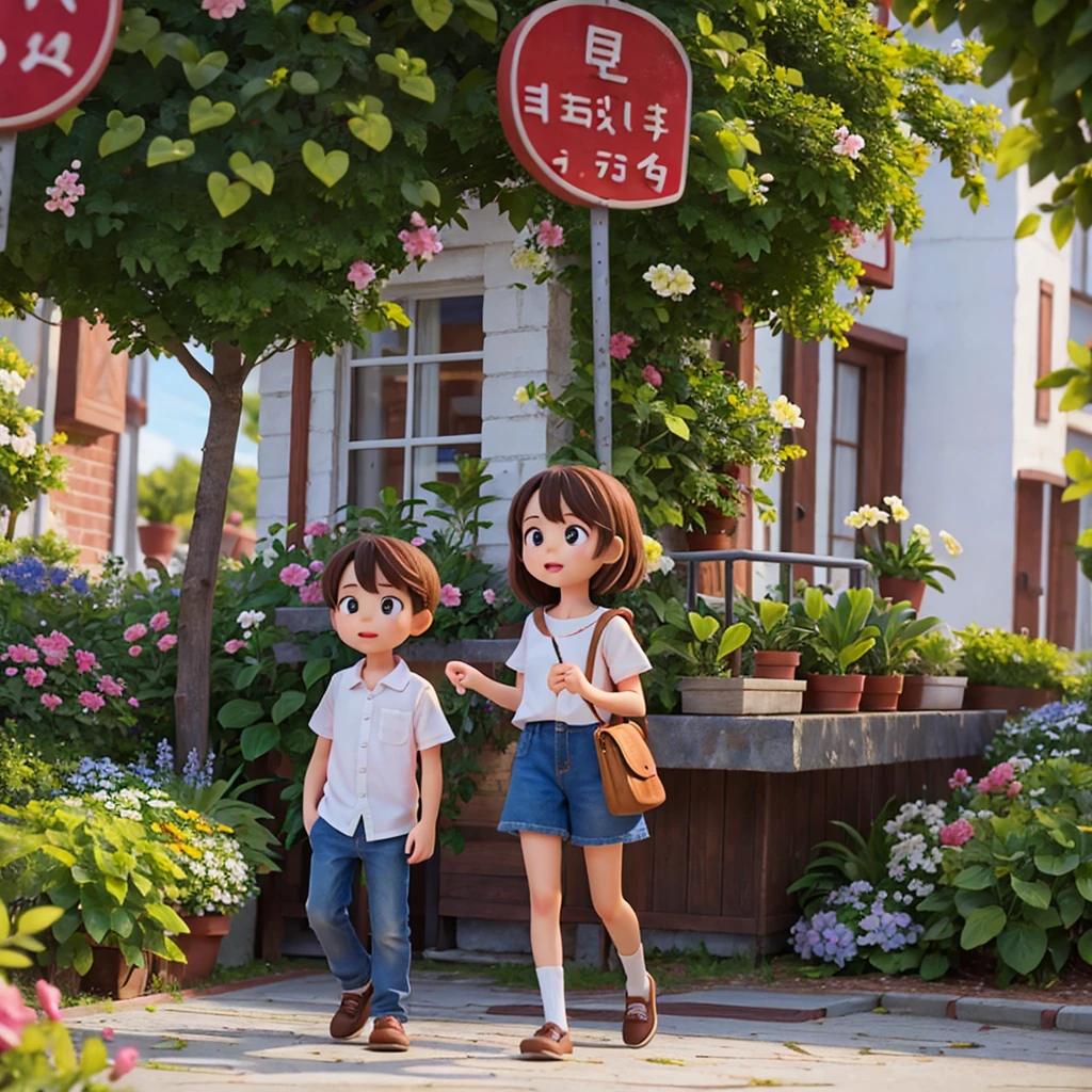Girl and boy in the flower park