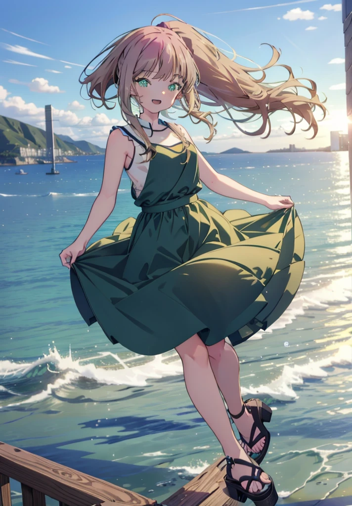 minami yume ,sss Dynazenon ,Long Hair, Brown Hair, (Green Eyes:1.5) ,Center of chest,hair band,ponytail,happy smile, smile, Open your mouth, Blue sleeveless dress,Long skirt,Cute heeled sandals,whole bodyがイラストに入るように,Daytime,Clear skies,Walking,
break looking at viewer, whole body,
break outdoors, Coastal Road,Building district,
break (masterpiece:1.2), Highest quality, High resolution, unity 8k wallpaper, (shape:0.8), (Beautiful and beautiful eyes:1.6), Highly detailed face, Perfect lighting, Highly detailed CG, (Perfect hands, Perfect Anatomy),