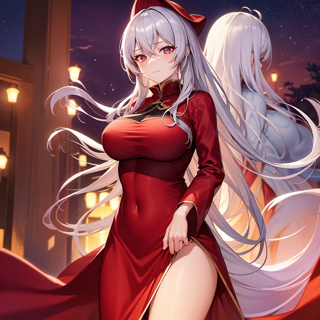 1Female Mage。Big Breasts。glamorous body。Silver-haired half-up。Golden eyes。Put on a red robe。Wearing a big red hat。Black top inner。,beautiful long dress, brown Clothes, dusk, dusk sky, sunset,Free Pose。Low - Angle