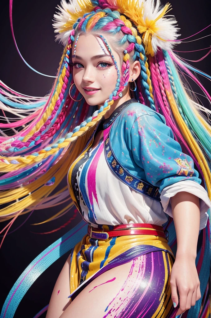 8k, RAW photo, realistic, photo-realistic, hyper-realistic, highest quality, best quality, masterpiece, highly detailed, absurd,
masterpiece, best quality, (highly detailed CG unity 8k wallpaper, masterpiece, best quality, very detailed, best shadows), (detailed background), (beautiful face details, beautiful eye details), High contrast, (best lighting), 1girl , Australia, rappers hair in small multicolored braids, beautiful, ((colorful paint splashes on transparent background, Dulux)), ((caustic)), dynamic angle, beautiful light details, full body, cowboy shot, big smile,