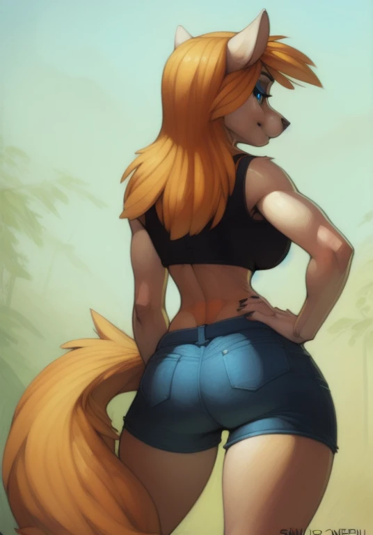 minerva, (ultradetailed), (highest quality), long hair,  body, soft fluffy tail, big round breasts, slim waist, round hips, closeup, blue eyes, blue eyeshadow, masterpiece, (uploaded on e621), (((by wolfy-nail, by pixelsketcher, by smiju))), detailed fur, red crop top, jean shorts, back view, hand on hip, looking at viewer