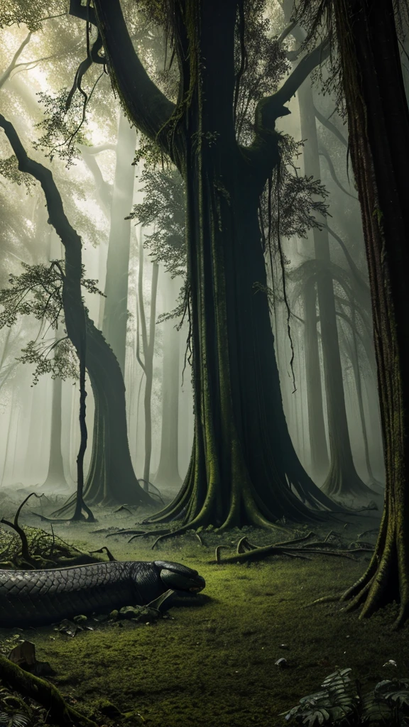  enormous anaconda, eerie misty forest, ominous atmosphere, massive open jaws, razor sharp teeth, glowing yellow eyes, dark greens and browns, oil painting texture, 17th century Dutch masters inspired, dramatic lighting, twisted roots, abandoned temple, moss-covered ancient stones, sinister vibe, misty fog