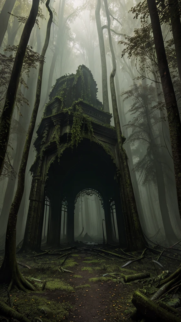 enormous anaconda, eerie misty forest, ominous atmosphere, massive open jaws, razor sharp teeth, glowing yellow eyes, dark greens and browns, oil painting texture, 17th century Dutch masters inspired, dramatic lighting, twisted roots, abandoned temple, moss-covered ancient stones, sinister vibe, misty fog
